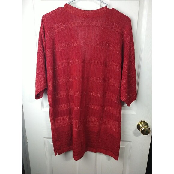Avenue Woman Red Sweater SS Drop Shoulder Shimmer Striped V Neck Sparkle Tunic - Picture 9 of 9